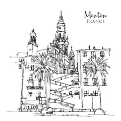 Drawing sketch illustration of Menton, a town in southeast France