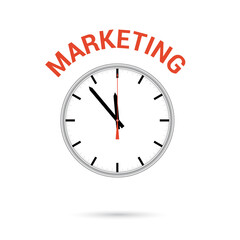 illustration of clock icon. Red arrow points to word MARKETING. Conceptual icon.
