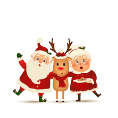 Merry Christmas. Happy new year. Funny Santa Claus with cute Mrs. Claus, red-nosed Reindeer isolated. Mrs. Claus Together. Vector cartoon character of Santa Claus