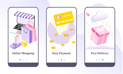 Vector illustration of online shopping, easy payment and free delivery service on the onboarding app screens and web concept. Interface UX, UI GUI screen template for smart phone or web site banners.