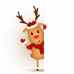 Happy smiling Reindeer standing behind a blank sign, showing on big blank sign. Cartoon Reindeer character with jingle bell and white copy space. vector illustration