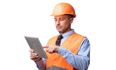 Building Engineer Using Digital Tablet Working Over White Studio Background