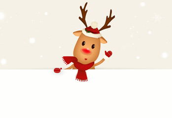 Happy smiling Reindeer standing behind a blank sign, showing on big blank sign. Cartoon Reindeer character with jingle bell and white copy space. vector illustration