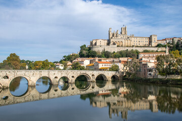 Historic bridge of Pont Vieux below the Cathedral of Béziers in the South of France
