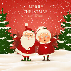 Merry Christmas. Happy new year. Funny Santa Claus with cute Mrs. Claus in Christmas snow scene winter landscape. Mrs. Claus Together. Vector cartoon character of Santa Claus and his wife
