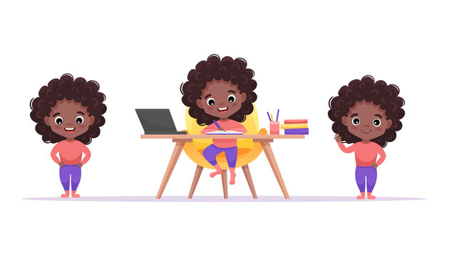 African American cute girl set with afro hairstyle and different gestures and poses isolated on white background. Girl study at the table at home. Cartoon vector illustration