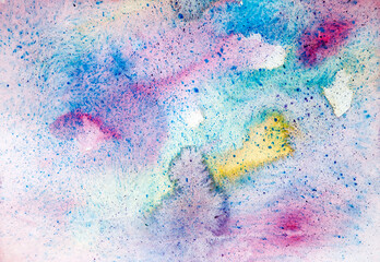 Rainbow splash on a white background. Banner, poster for your graphics. Watercolor abstraction with stains of paint.  illustration. Flashy colors. Copy space. Soft and delicate.