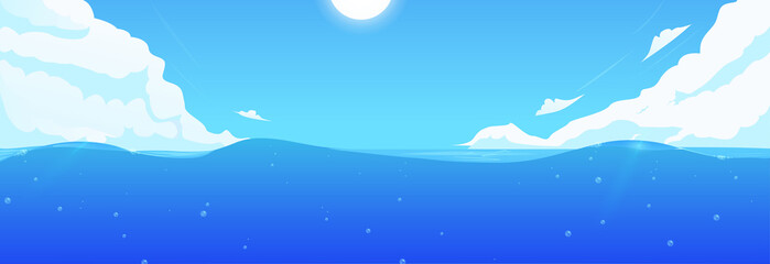 Naklejka premium Sea landscape for game background design. Cartoon ocean wave illustration. Blue water and sky with clouds.