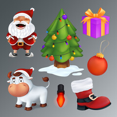 Christmas set includes a tree, gift box, red boot, garland lamp, ball, Santa Claus, white bull - a symbol of the year. Vector group of cartoon characters and decorations isolated on a grey background