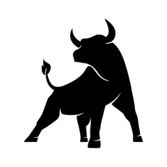 Bull silhouette , monochrome logo, symbol of the year in the Chinese zodiac calendar. Vector illustration of a standing horned ox or a black angus isolated on a white background - obrazy, fototapety, plakaty