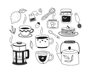 Set hand-drawn cups of tea, teapot, herbs, lemon, honey, jam, pancakes, french press. Black and white vector illustration.