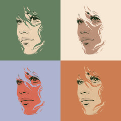 Pop Art woman face. Abstract female fashion portrait set