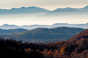 foliage autunnale a fondi di jenne (monte livata) all'alba