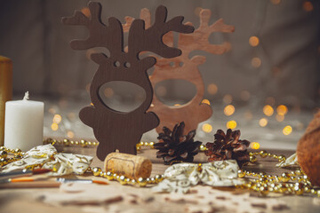 Christmas wooden decoration, christmas deer and snowflakes