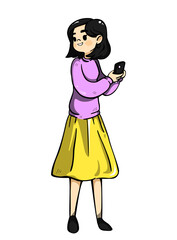 Woman holding smartphone. Color flat vector illustration
