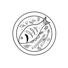 Fish on a plate with vegetables. Vector illustration. Isolated image on white background.