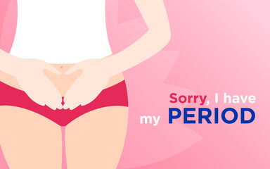 Menstrual period Vector poster with copy space Woman in red lingerie is holding hands on her belly on pink gradient background