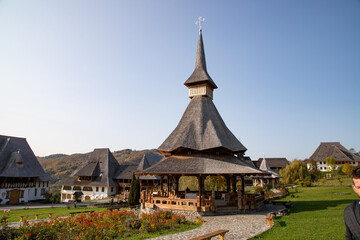 BARSAN, ROMANIA - OCTOBER 28, 2020: View of Barsana Wooden Monastery site in Maramures County, Romania.