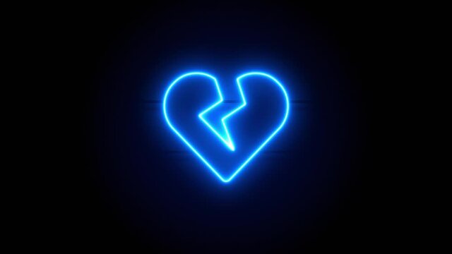 Broken Heart neon sign appear in center and disappear after some time. Animated blue neon symbol on black background. Looped animation.