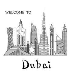 Detailed Dubai city line art vector illustration with famous skyscrapers. Dubai cityscape line vector.