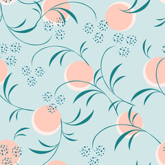 Vector abstract floral seamless pattern. Elegant background with leaves, branches, circles. Fresh organic design. Texture in trendy pastel colors. Stylish repeat design for print, wallpapers, decor