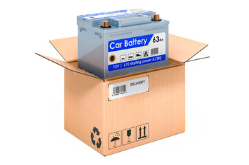 Car battery inside cardboard box, delivery concept. 3D rendering