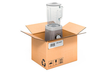Electric blender inside cardboard box, delivery concept. 3D rendering