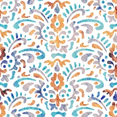 Wall murals Boho style Embroidered seamless pattern. Bohemian wavy print. Watercolor texture on a white background. Cute illustration.