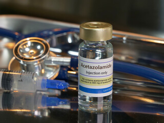 Vial of Acetazolamide with stethoscope and syringe