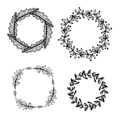 Circle floral borders. Sketch frames, hand-drawn with ink. Vector illustration.