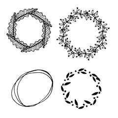 Circle floral borders. Sketch frames, hand-drawn with ink. Vector illustration.