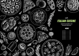 Italian Food. Top view. Sketch illustration. Italian cuisine. Design template. Hand drawn illustration. Black and white. Engraved style. Authentic dishes.