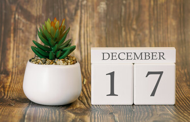 Flower pot and calendar for the snow season from 17 December. Winter time.