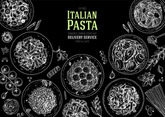 Italian Pasta frame. Hand drawn vector illustration. Italian Pasta top view. Food design template. Farfalle, Penne and Spaghetti illustration. Classic italian cuisine. Engraved style. NEW 2020