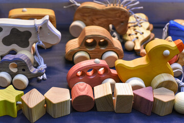 various wooden toys as a gift, eco-friendly and safe handmade products for children development and...