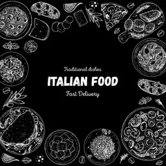 Italian Food. Top view. Sketch illustration. Italian cuisine. Design template. Hand drawn illustration. Black and white. Engraved style. Pasta and pizza, ravioli. Authentic dishes.