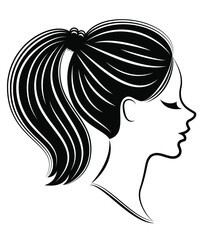 Silhouette of a profile of a sweet lady's head. A girl shows a female tail-hairstyle on medium and long hair. Suitable for logo, advertising. Vector illustration.