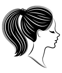 Silhouette of a profile of a sweet lady's head. A girl shows a female tail-hairstyle on medium and long hair. Suitable for logo, advertising. Vector illustration.