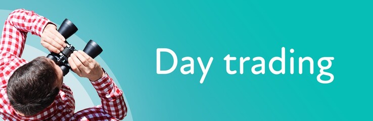 Fototapeta premium Day trading. Man observing with binoculars. Focus on text/word. Panorama format. Blue/turquoise background.