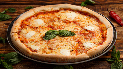 Pizza margarita with spices and basil on wooden background