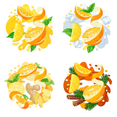 Set of slices of orange on abstract background. Oranges, lemon, mint, ginger, cinnamon. Vector illustration