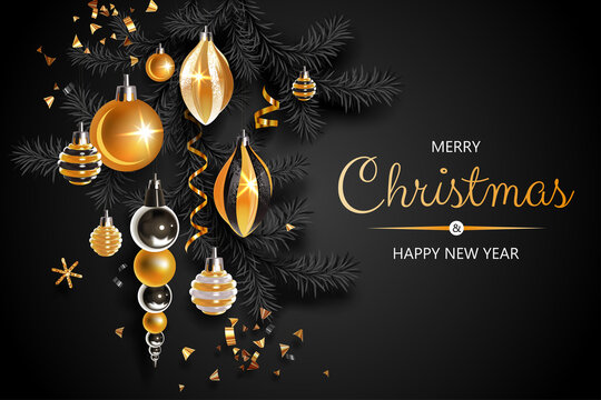Horizontal banner with gold Christmas symbols and text. Christmas tree, balls, ribbons and other festive elements on black background.