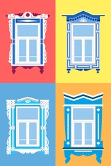 Window frames with Tatar ornament. Vector illustration in flat style. Folk rural architecture