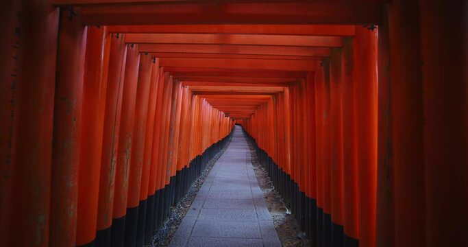 Tracking shot, moving through Torri Gates in Fushimi Inari Taisha