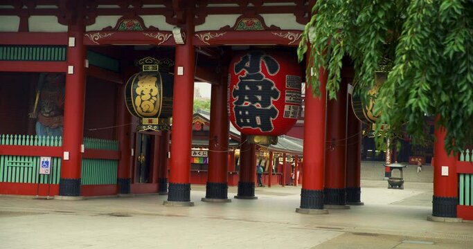 Pan right, large lanterns hanging in Kyoto temple