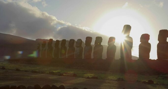 Pan right, sun sets over row of Easter Island heads
