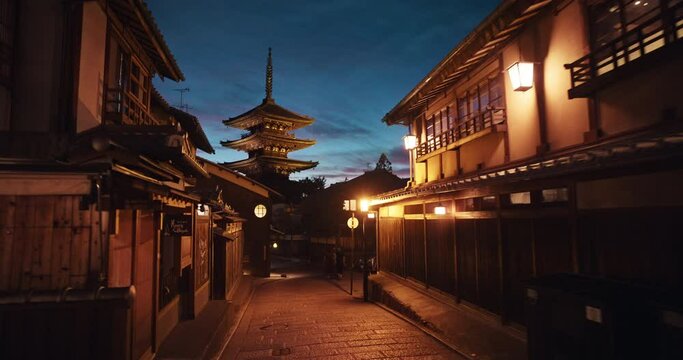 Steady cam, view of Kiyomizudera Temple from Kyoto alleyway