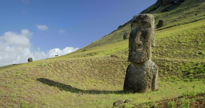 Panning shot, Easter Island head in mountains
