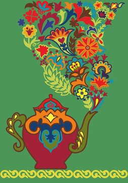 Kettle.Vector pattern with tatar ornament. Eastern stylish abstract background. Colorful flat oriental texture for wrapping