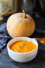 pumpkin cream soup eat first course top view copy space for text food background rustic